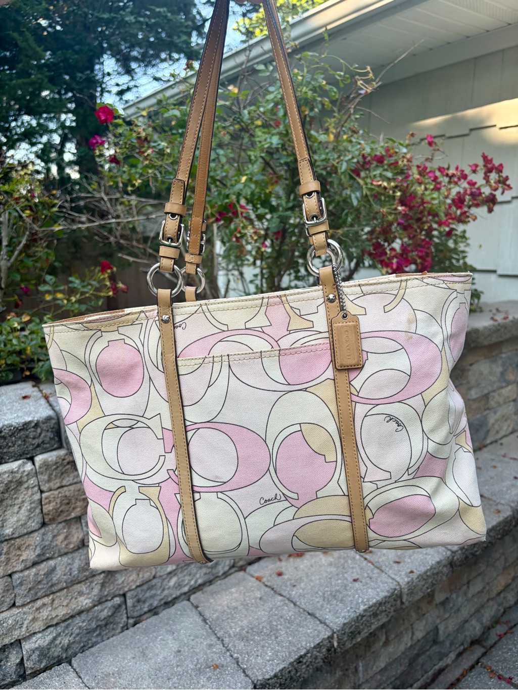 Coach Optic Pink & Cream Signature Y2k Tote With Tan Leather Trim